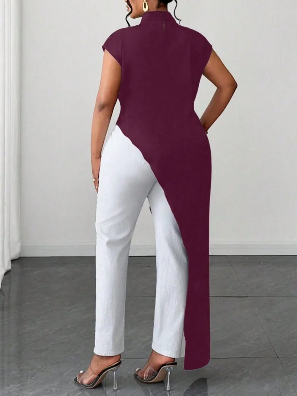 Red Violet Casual Women's Plus Size Stand Collar Asymmetrical Hem Long Shirt